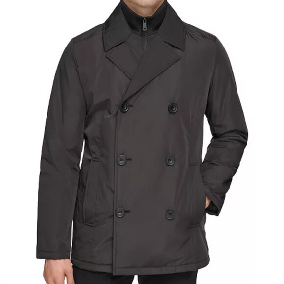 Kenneth Cole Men's Double Breasted Winter Rain Peacoat Removable Bib Black L - Picture 1 of 13